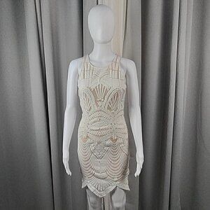 Tea & Cup Cream Bodycon Fitted & Lined Cotton Mini Dress. Size Small